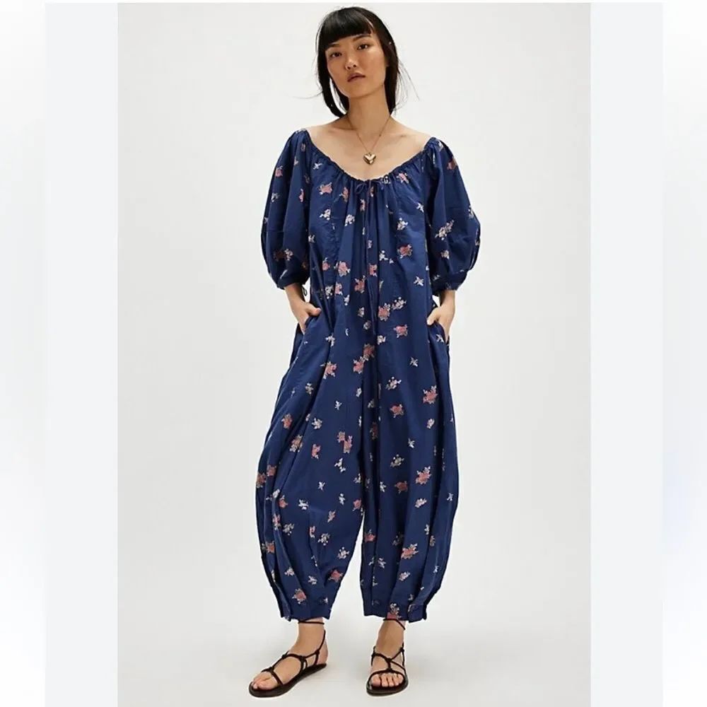 Free People Blue Bop Around Printed Jumpsuit